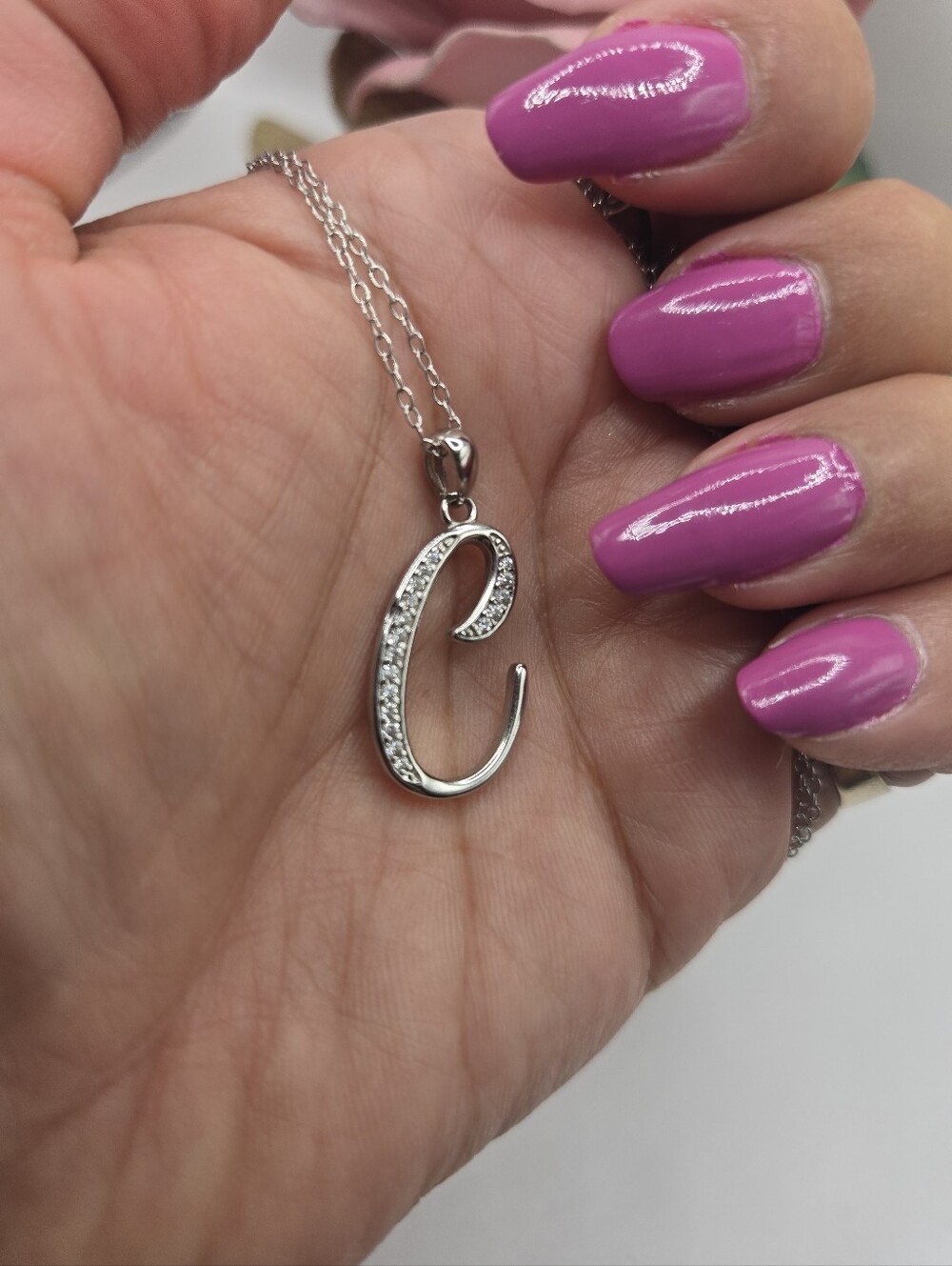 Sterling Silver Initial 'C' Pendant Necklace with CZ Accents - Silver